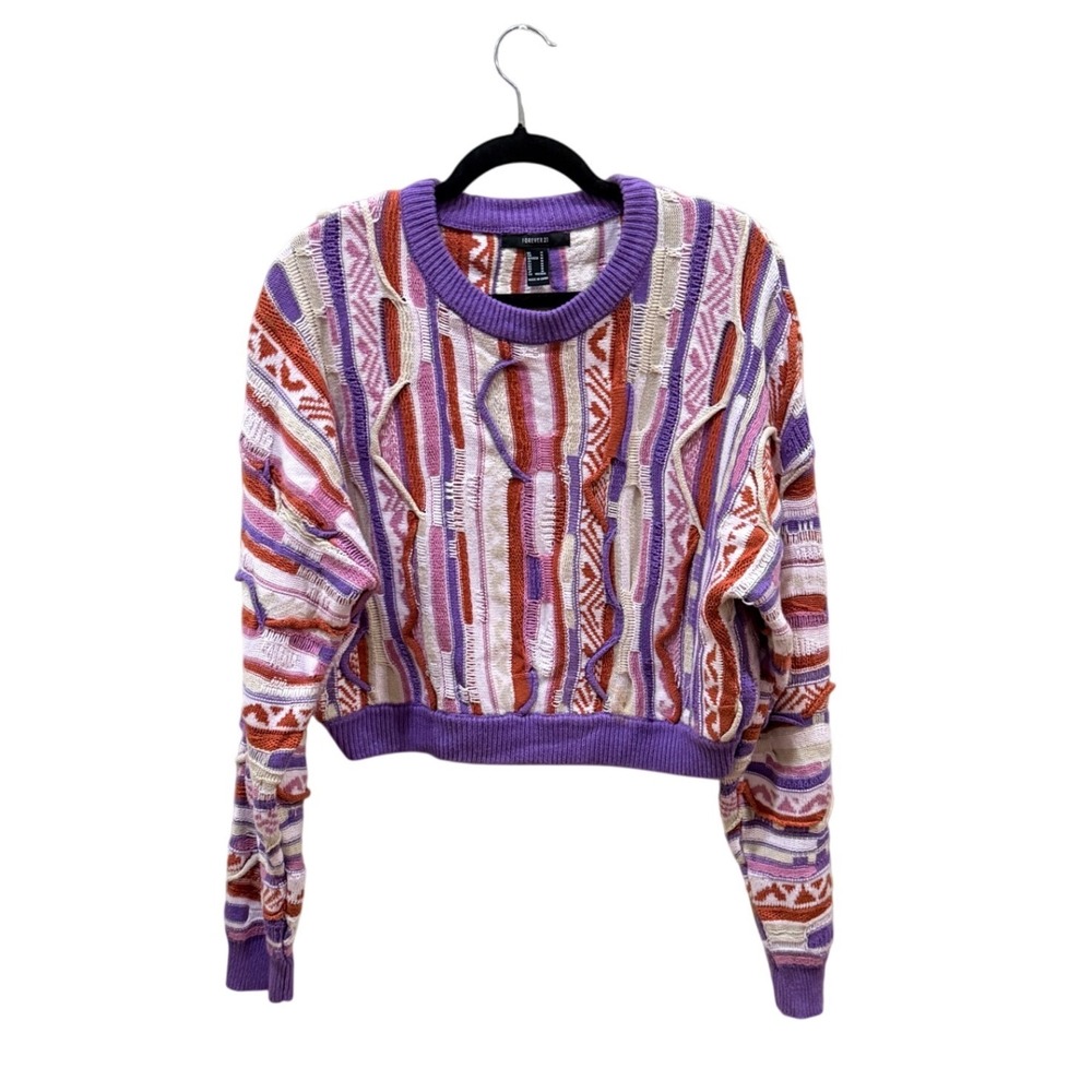 Forever 21 Cropped Sweater Purple Pink Orange 3D Pattern Cosby 80's Style Size M